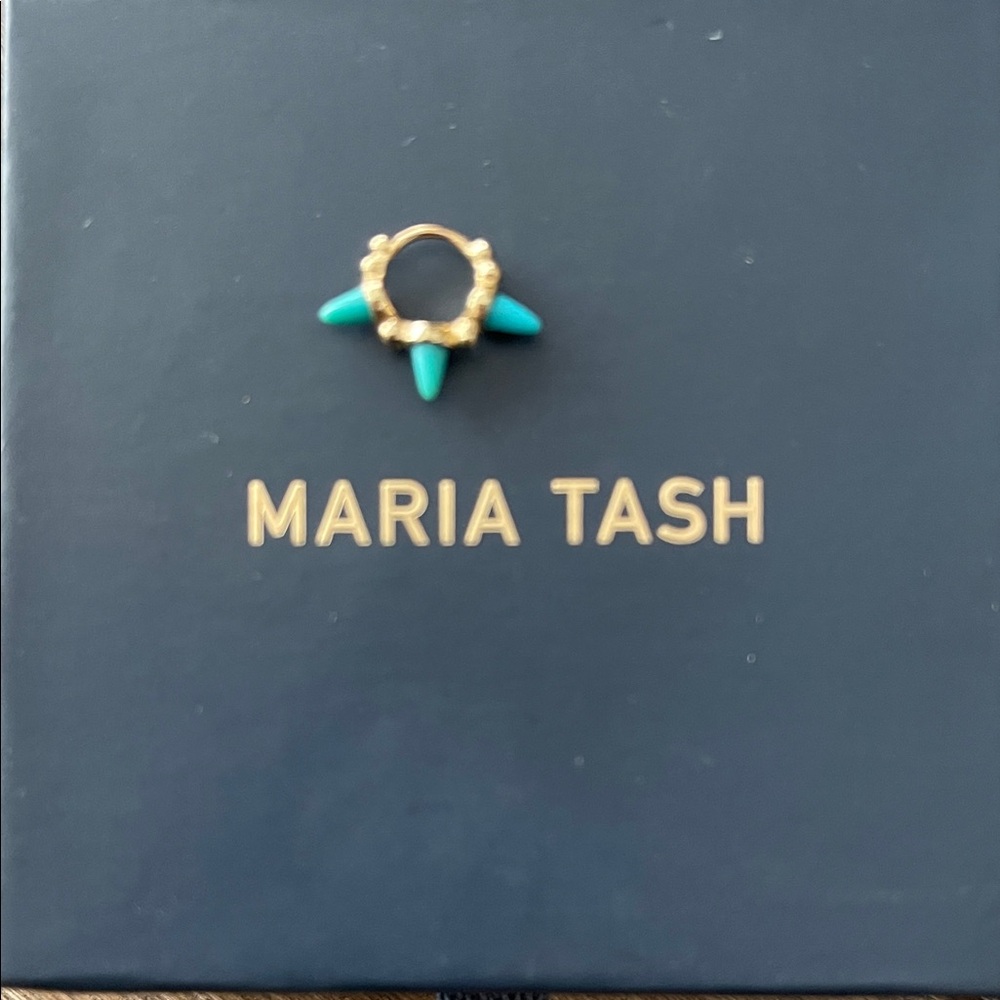 Maria Tash 14K gold triple short granulated hoop. Yellow gold with turquoise